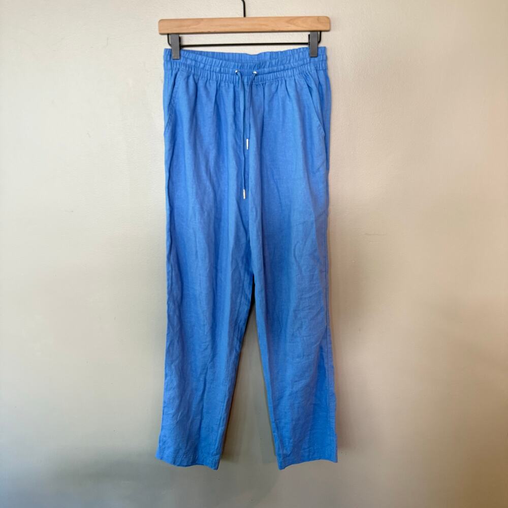 Love Tree Relaxed Straight Leg Linen Blend Pants Sky Blue Small Drawstring Beach